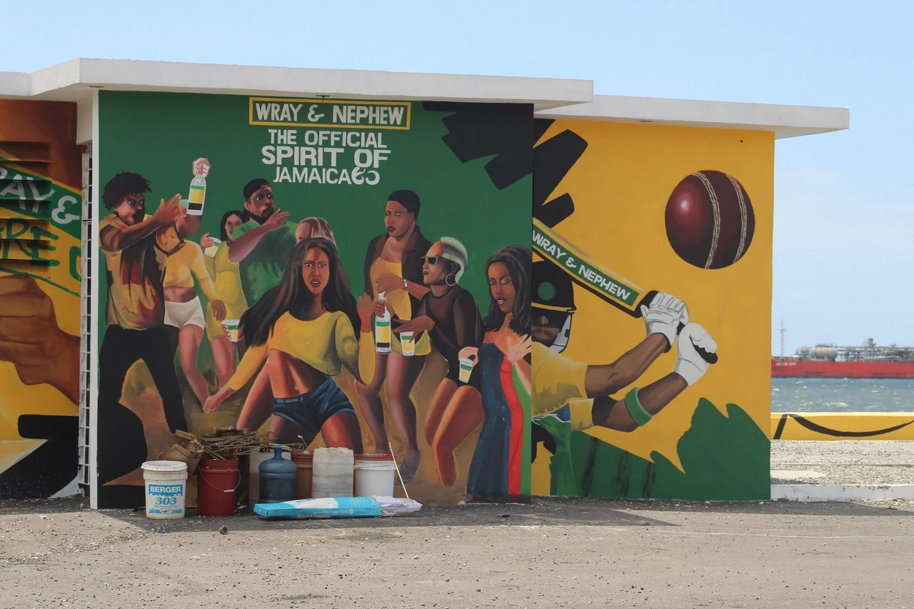 Wray & Nephew mural with Jamaican colours and cricket artwork